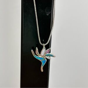 Inlaid pendant necklace/ silver tone/ chain measures 16 in total length